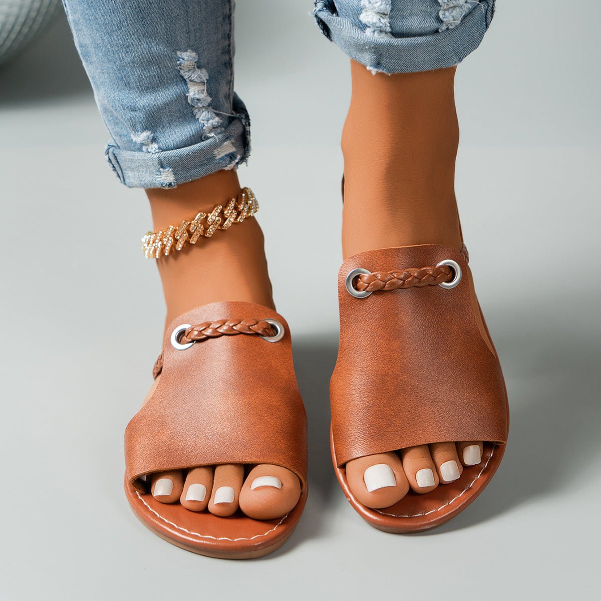 Women's Flat Sandals - Braided Strap - Faux Leather - Open Toe - Averelle Luxe
