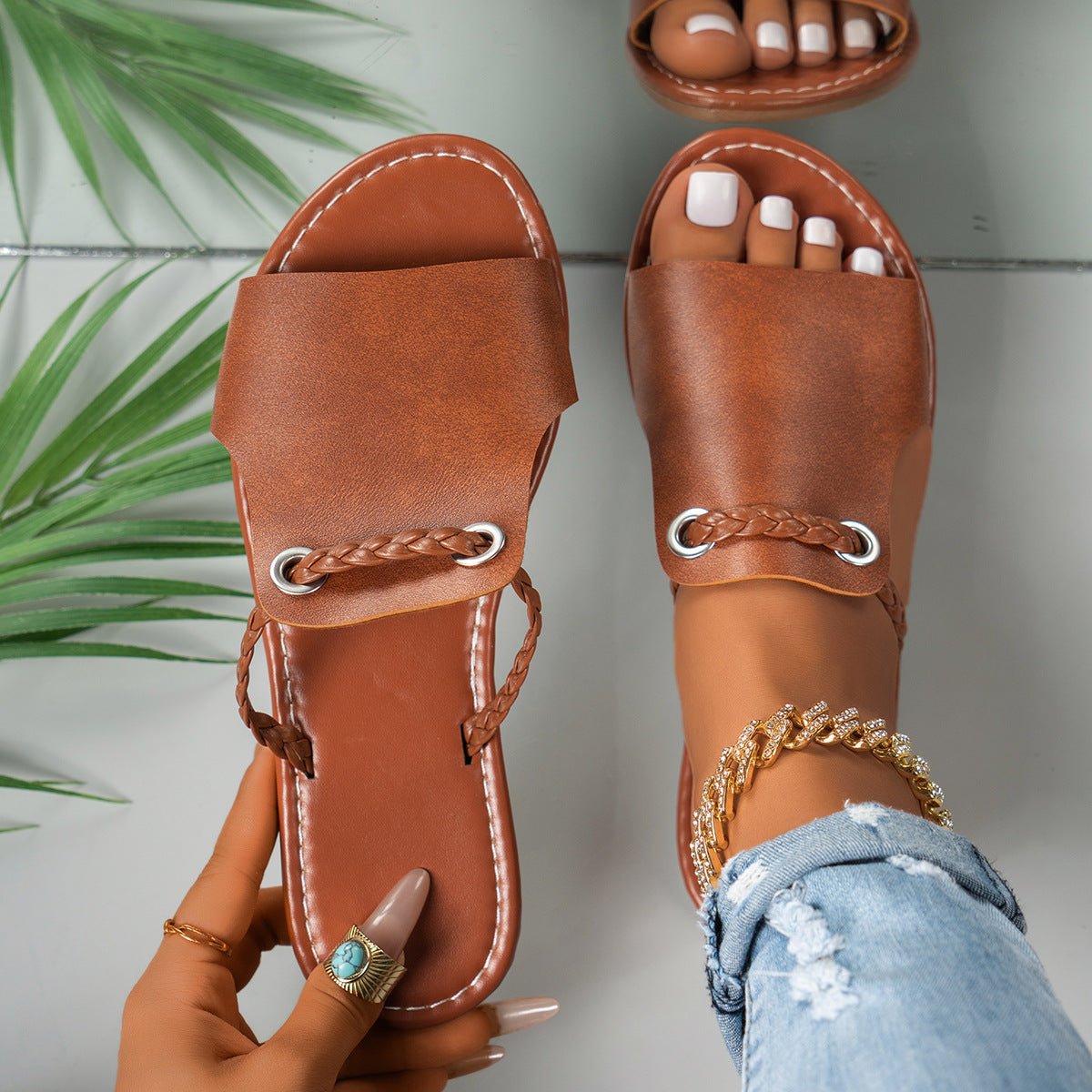 Women's Flat Sandals - Braided Strap - Faux Leather - Open Toe - Averelle Luxe