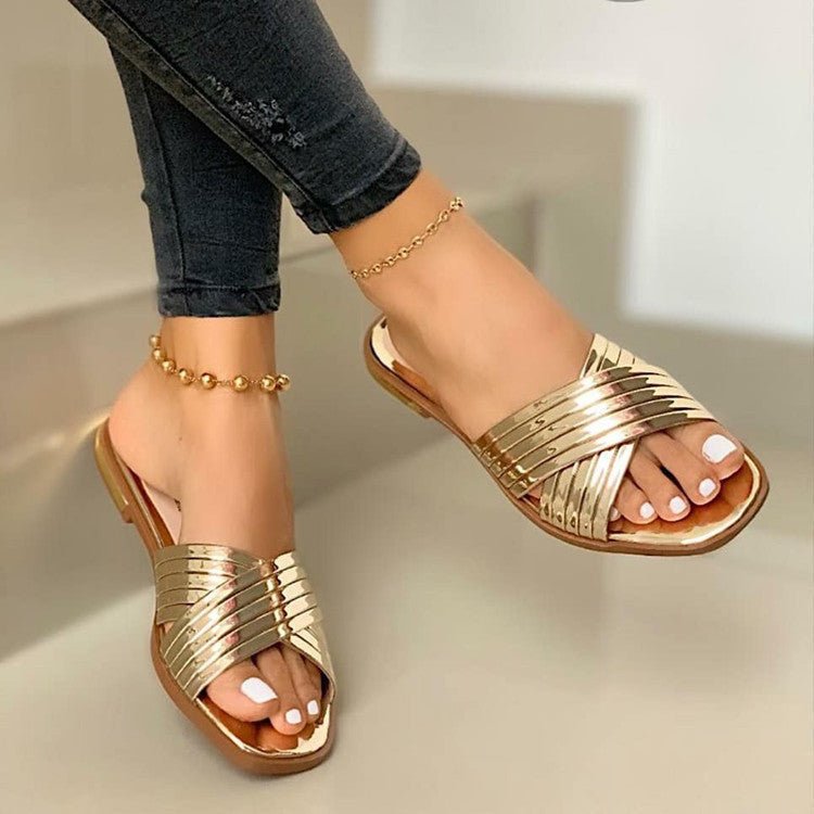 Women's Flat Sandals - Crisscross Straps - Patent - Open Toe - Averelle Luxe