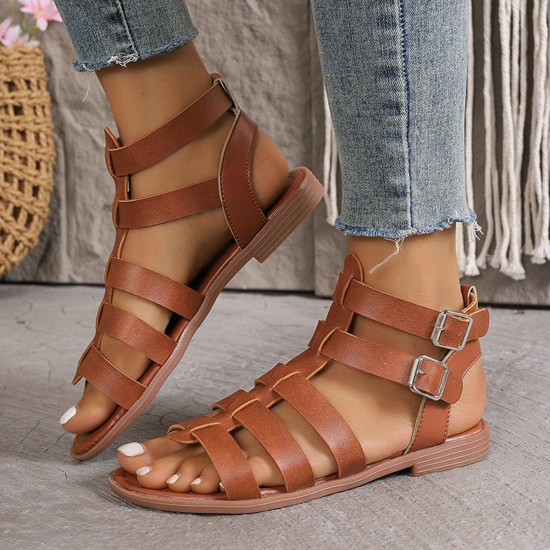 Women's Flat Sandals - Roman Style - Faux Leather - Multi Strap - Averelle Luxe