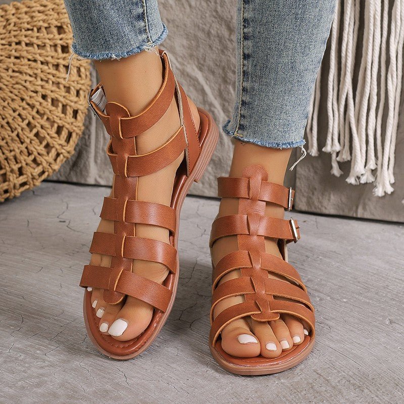 Women's Flat Sandals - Roman Style - Faux Leather - Multi Strap - Averelle Luxe